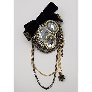 Victorian Style Velvet Bow Brooch Faceted Faux Jewels & Chains Pin or Hair Clip